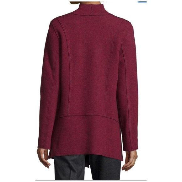 Eileen Fisher Burgundy Structured Moto Long Jacket Cardigan Medium Merino Wool - Picture 2 of 11